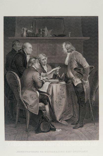 Five men crowd around papers on a dining table that sits in front of a fireplace in a black-and-white engraving captioned "drafting the Declaration of Independence"