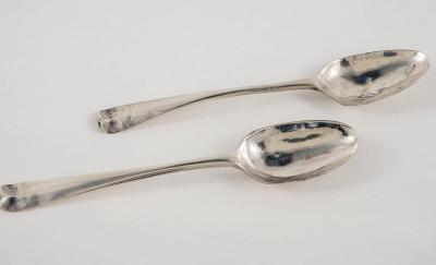 A close-up photograph of two silver teaspoons