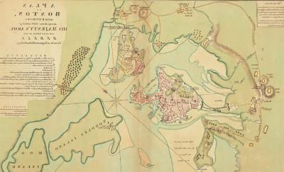 A map showing Boston and its surroundings, with illustrations showing the positions of British and colonial forces