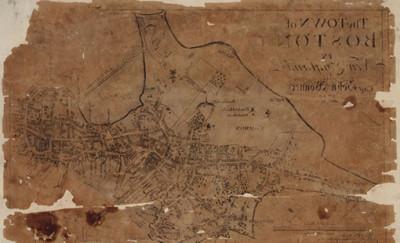 A map of Boston in its previous shape as a peninsula, on dark aged parchment paper, with tears at the edges